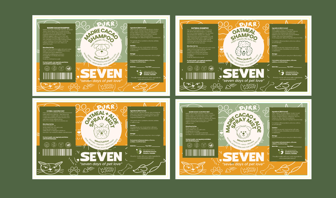 SEVEN shampoo, and mist label mockups
